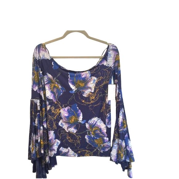 NWT Free People Navy Poppy Floral Off Shoulder Top Small - Picture 2 of 6
